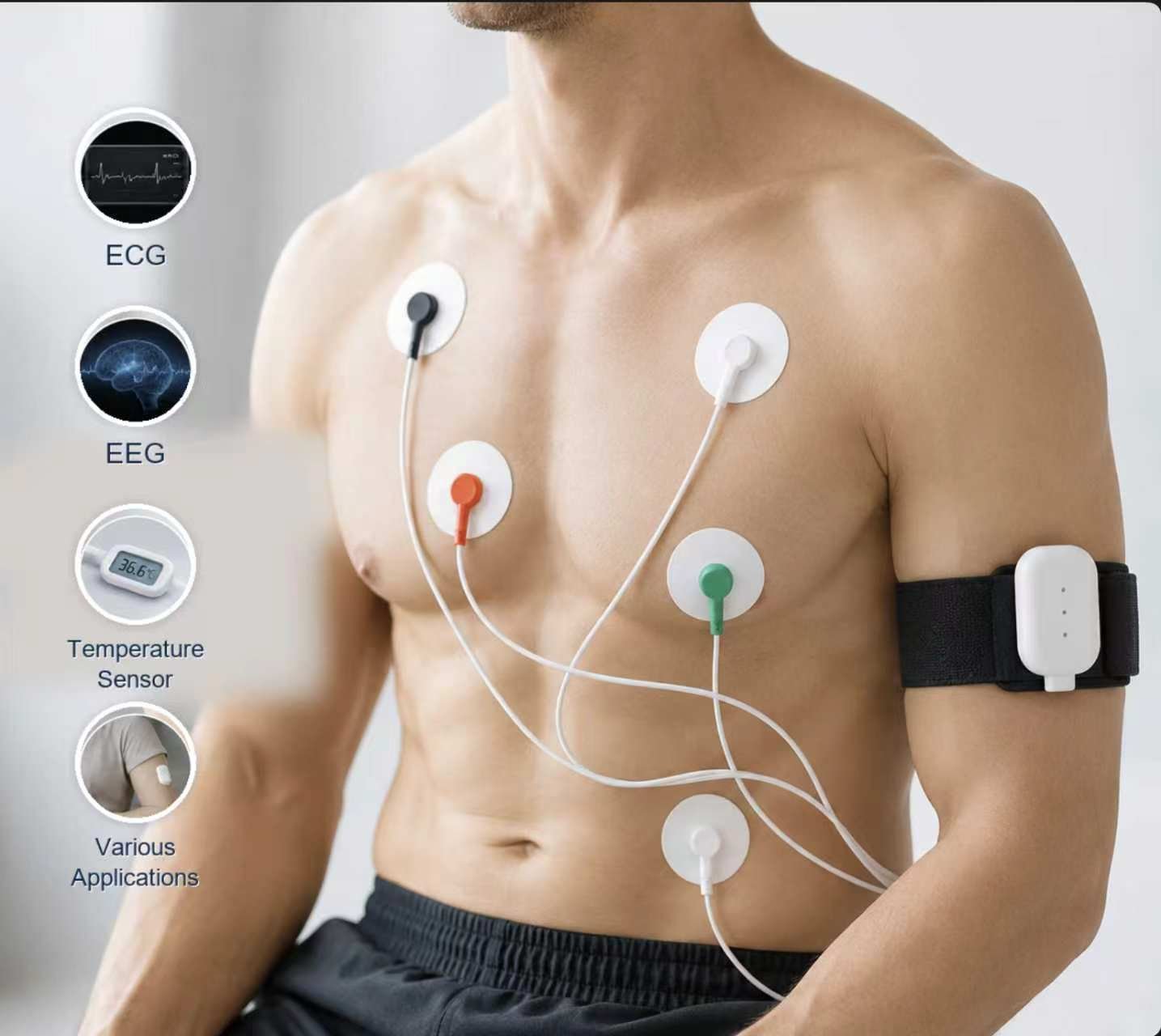 Wearable ECG, EEG and temperature sensor adhesive electrodes