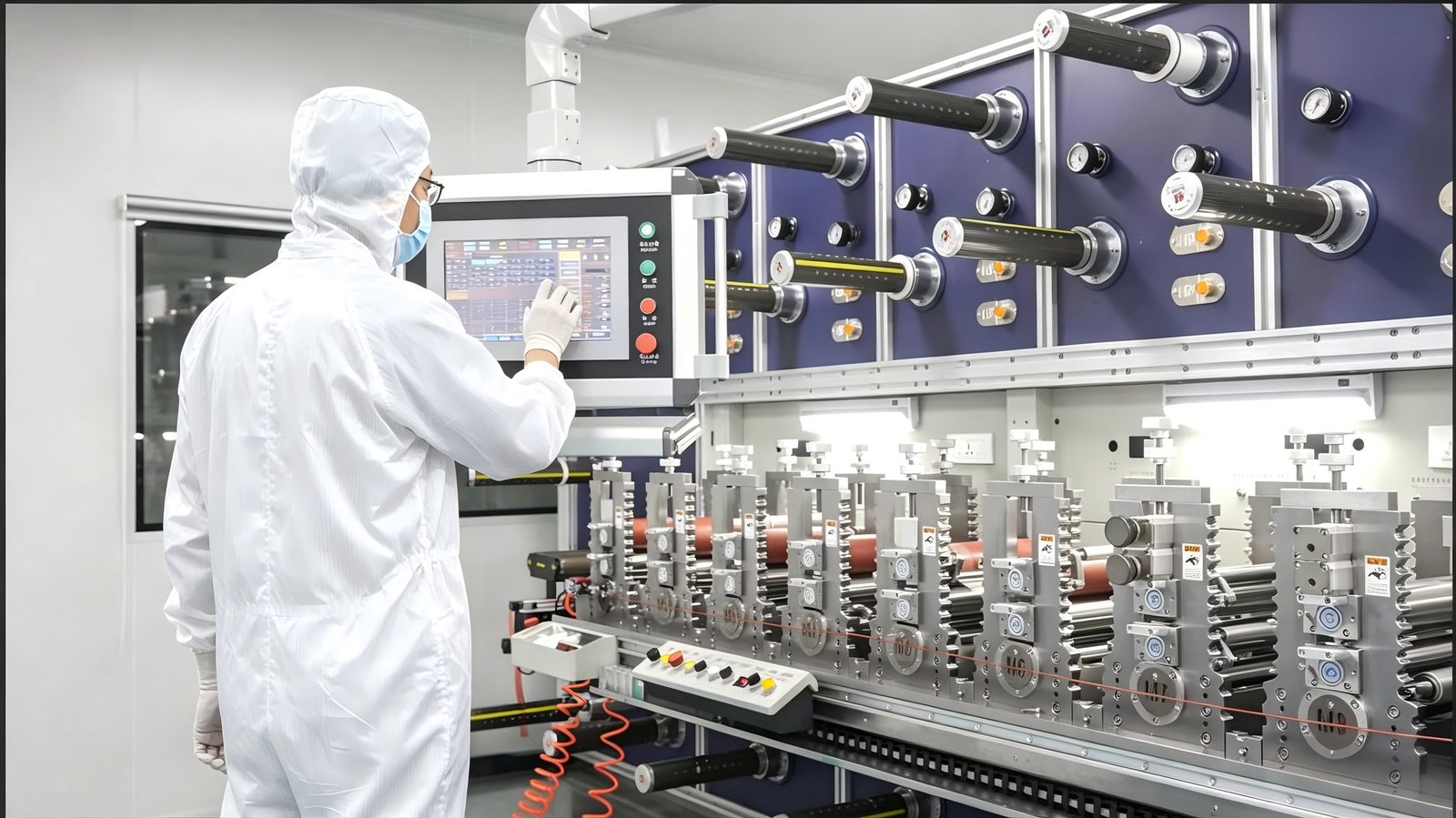 Operator running a controlled cleanroom converting line