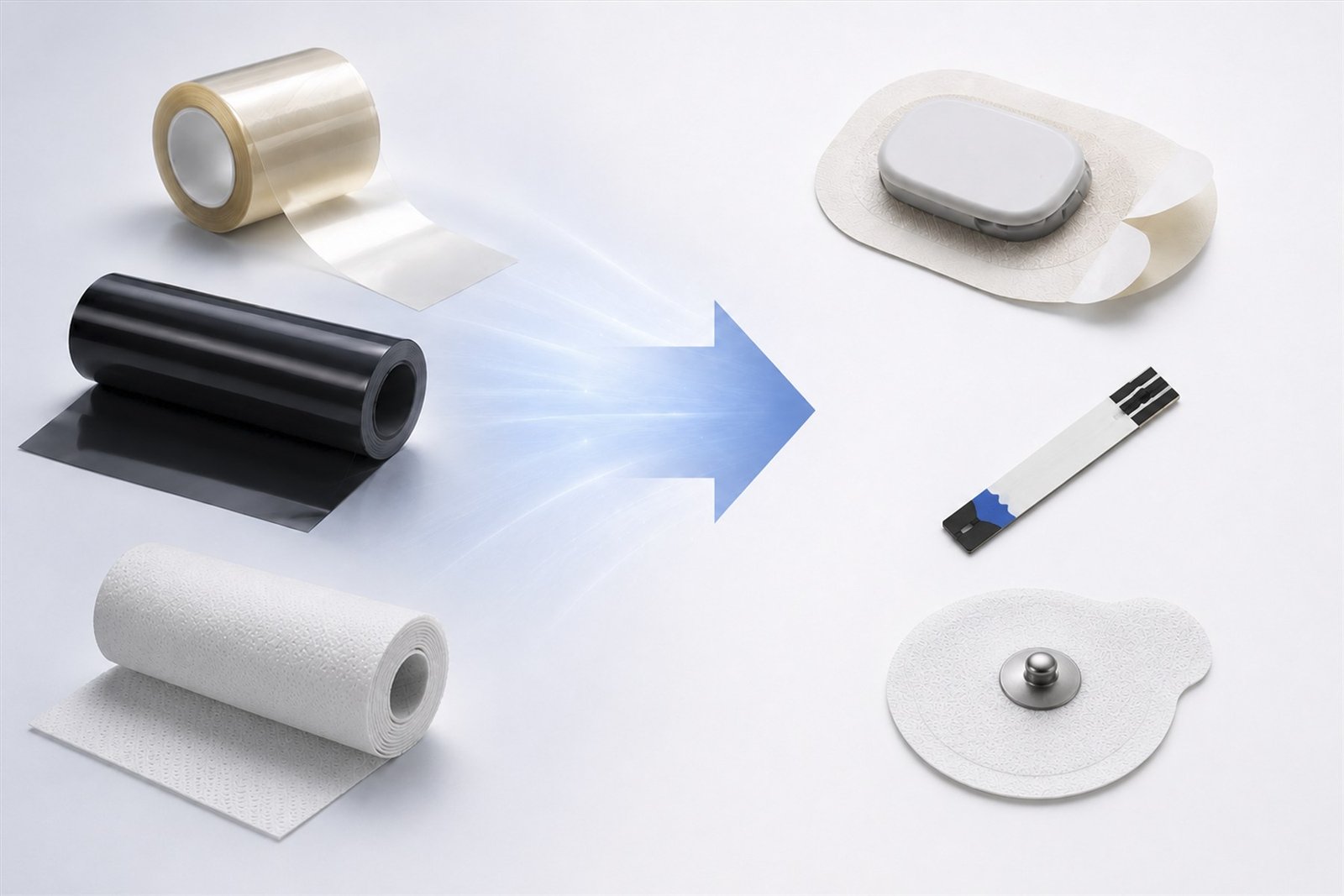 Medical adhesive and functional materials converted into CGM, BGM, and wearable components