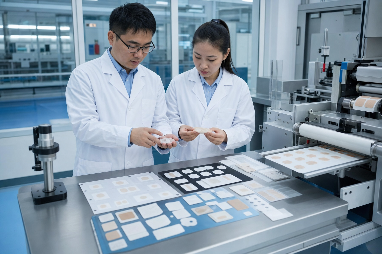 Leetoya engineers reviewing medical adhesive patch and precision die-cut samples in an R&D laboratory