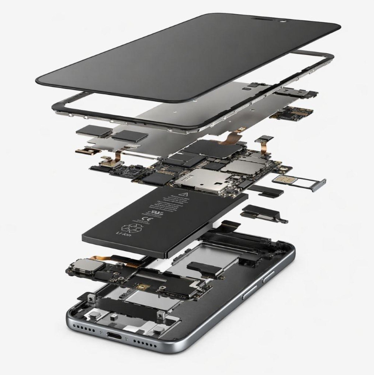 Exploded smartphone and precision converted electronic components