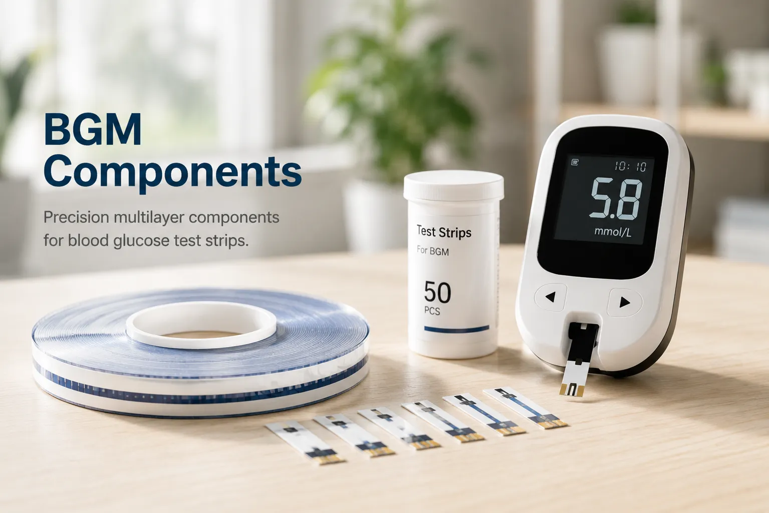 BGM components, blood glucose meter, and test strips