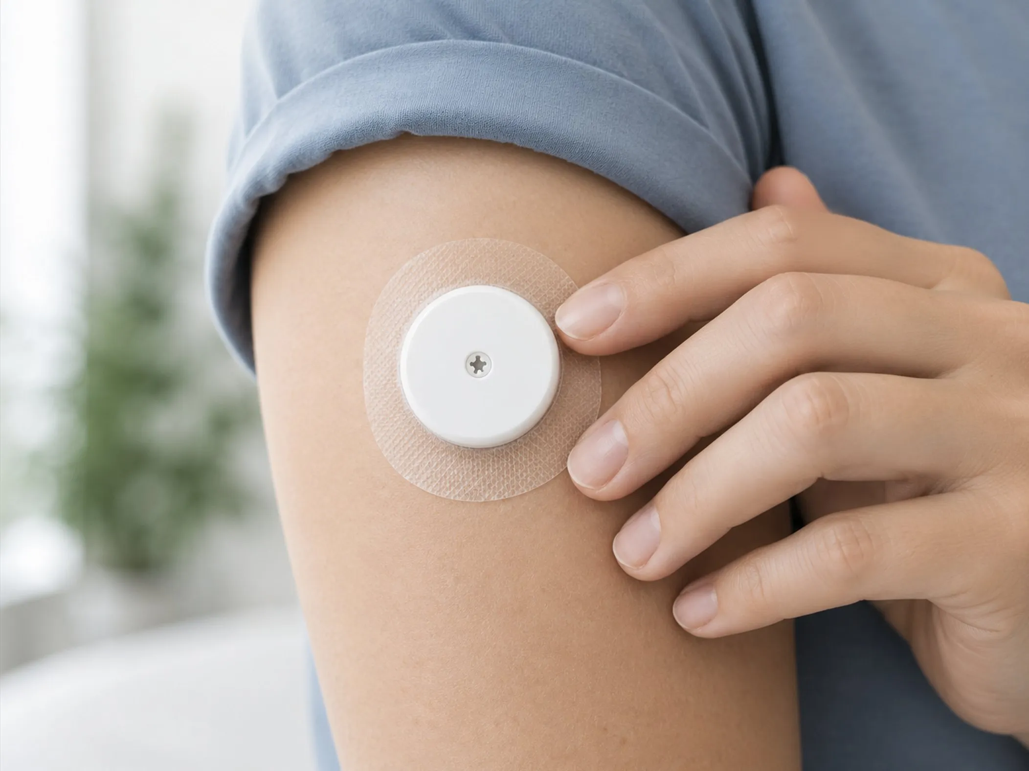 Person wearing a custom CGM adhesive patch