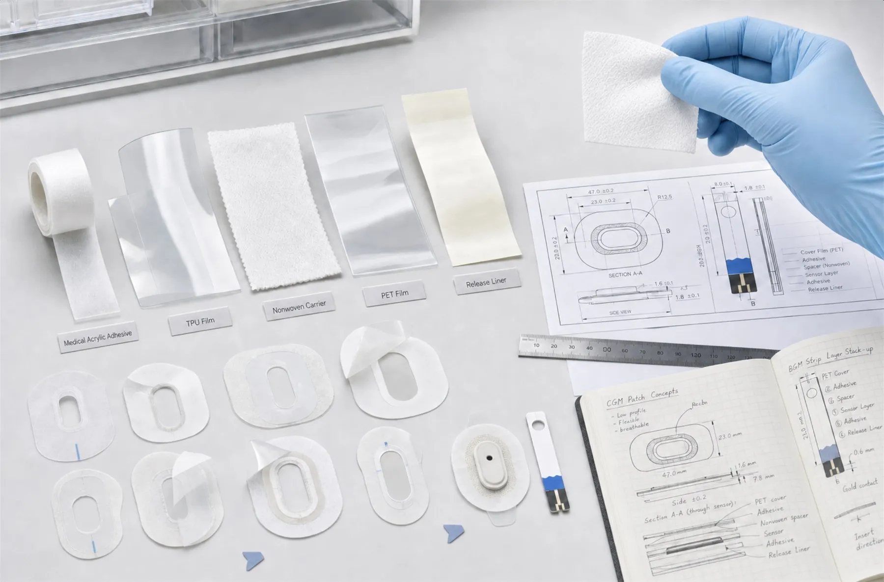 Medical adhesive materials under engineering evaluation