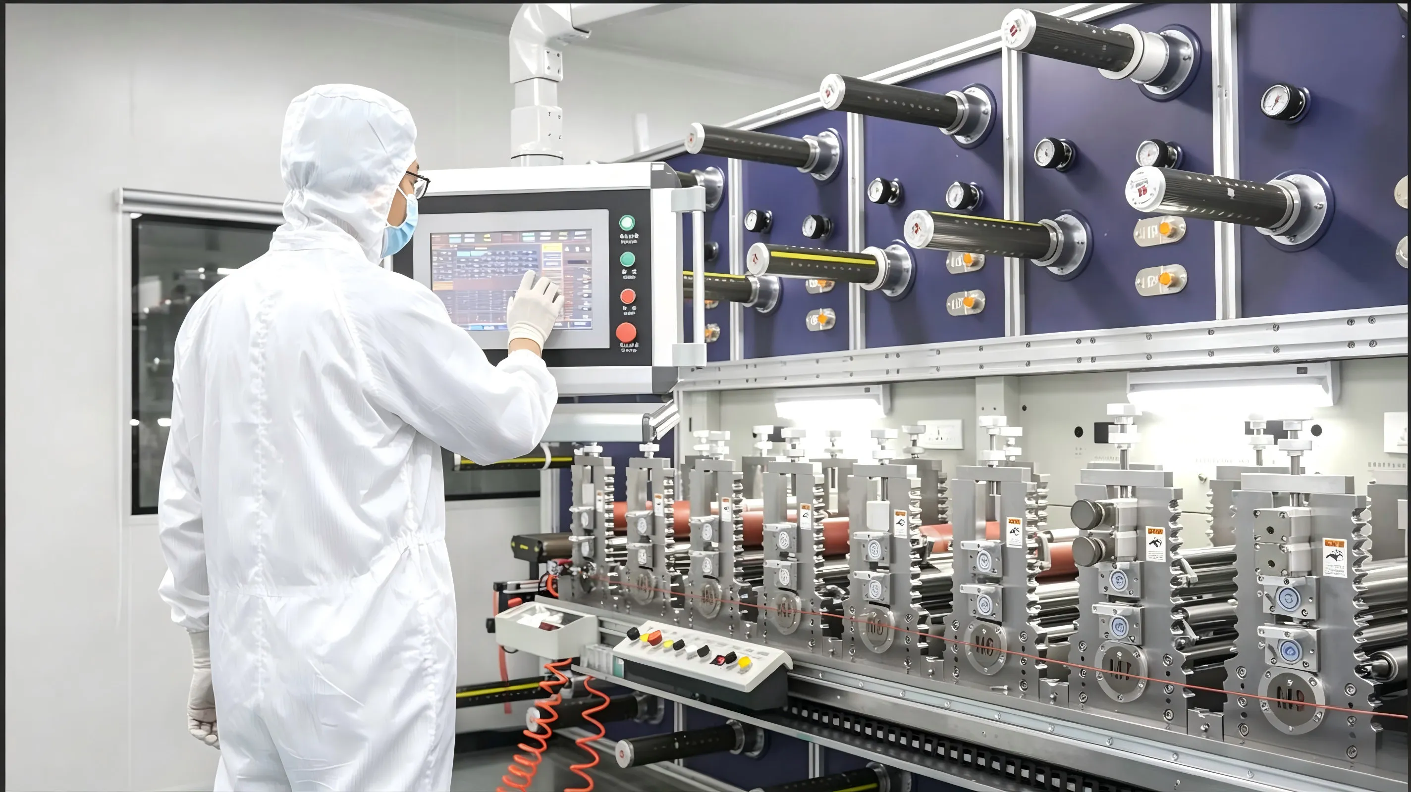 Operator controlling automated cleanroom converting equipment