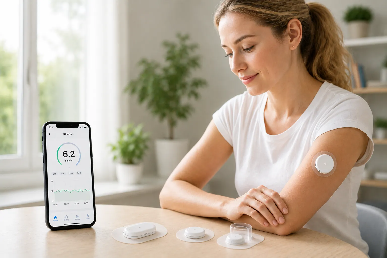CGM adhesive patch used with a wearable glucose monitoring device