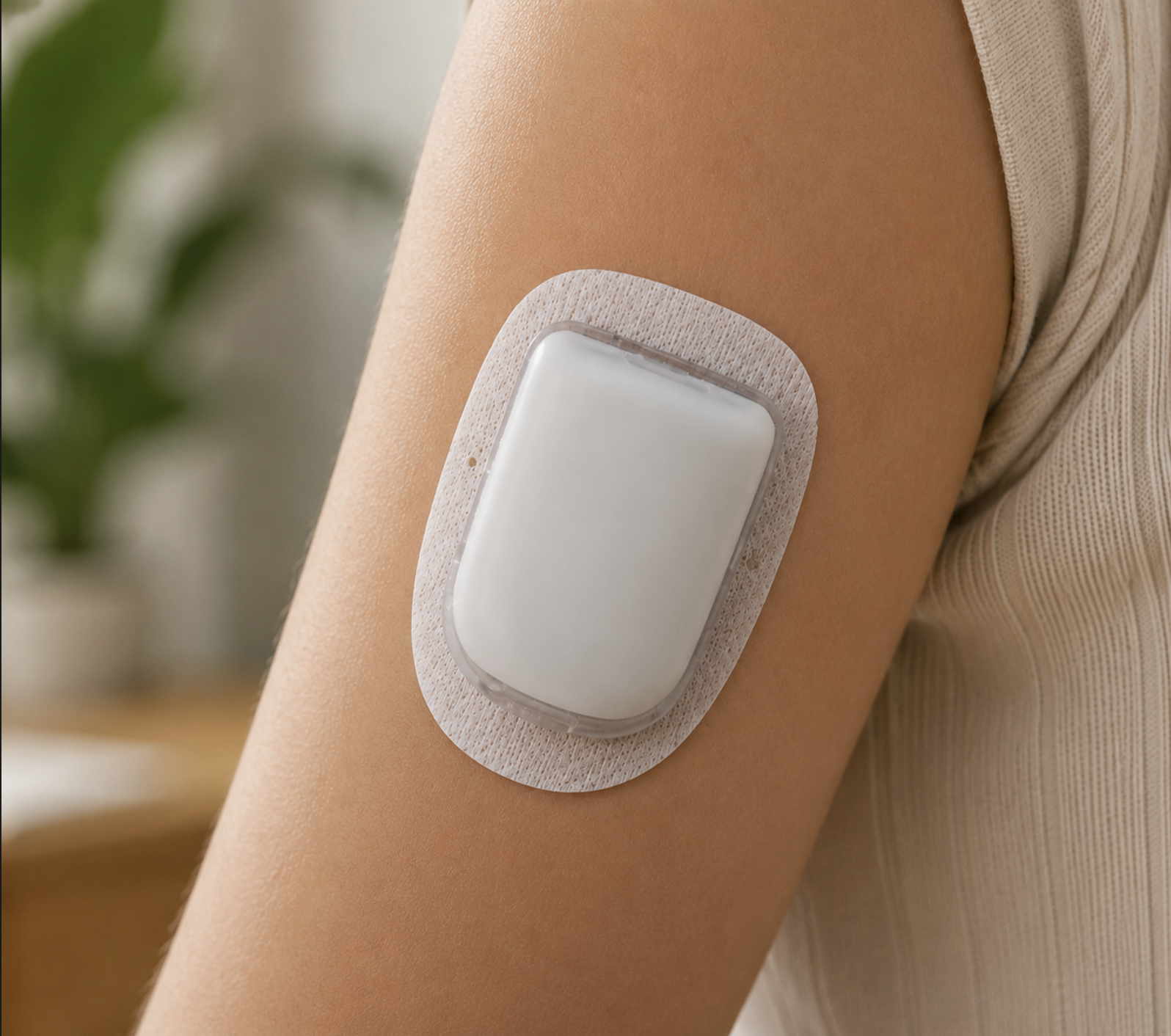 Close-up of a body-worn insulin pump with an adhesive fixation patch