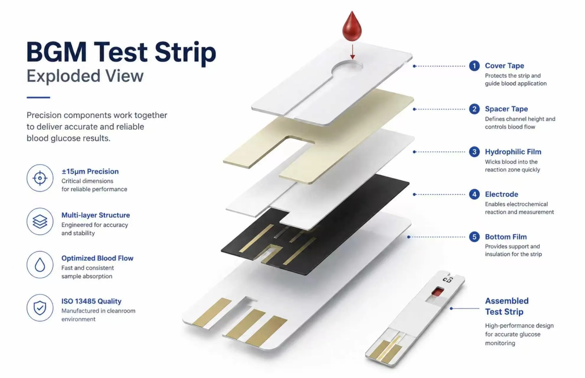 Exploded view of BGM blood glucose test strip layers